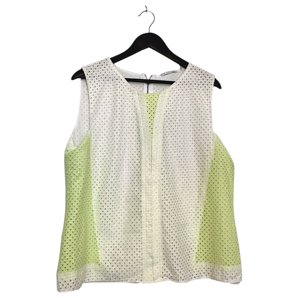 T Tahari Lime & White Eyelet Sleeveless Panel Sport Blouse Size XL Athleisure